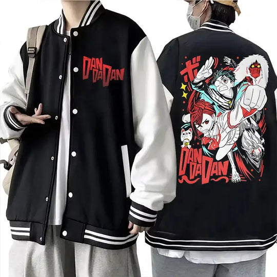 A trendy Dandadan Okarun Jacket featuring Japanese manga art of Ken Takakura, styled as fashion streetwear for men and women.