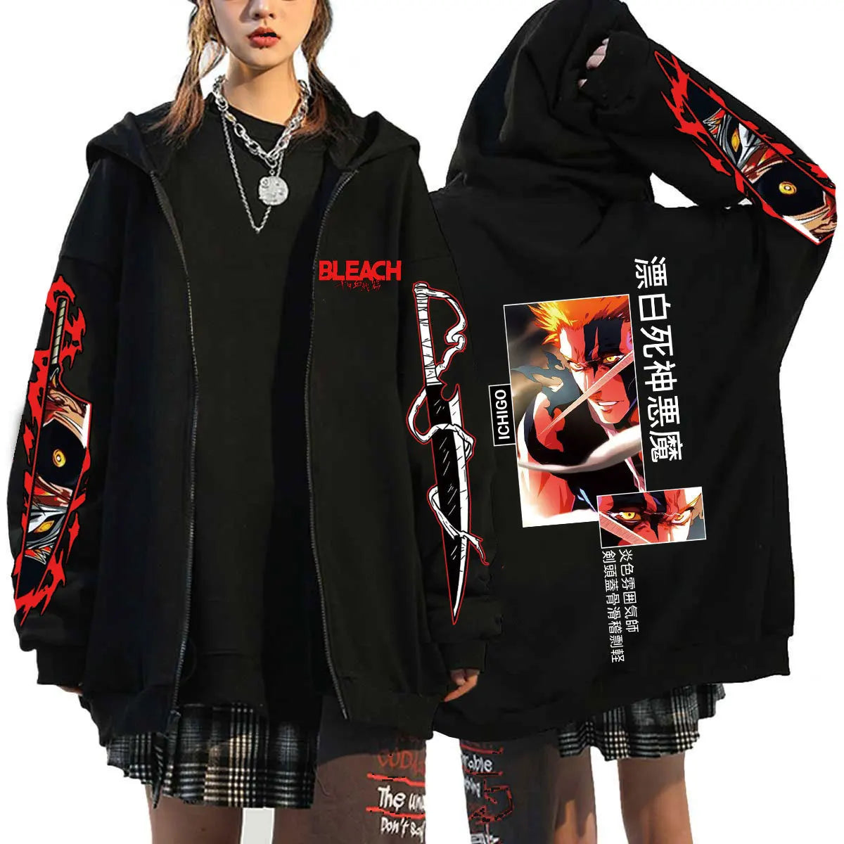 A unisex Bleach Zip Up Hoodie featuring 3D cosplay prints of Kurosaki Ichigo, Kyoraku Shunsui, and Hitsugaya Toshiro for anime fans.