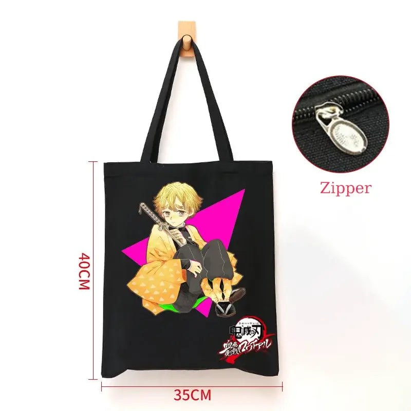 A durable Demon Slayer Canvas Bag featuring Kamado Nezuko and Tanjiro anime graphics, designed as a zipper tote for students and shoppers.