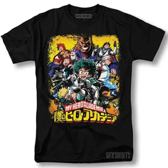 A premium My Hero Academia Shirt made of soft cotton, featuring a graphic print of Izuku Deku, All Might, and Ochako Uraraka for anime fans.