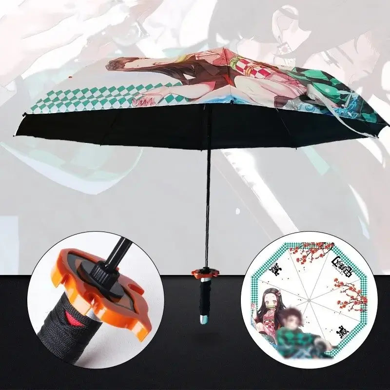 A black Tanjiro Katana Umbrella featuring a replica Nichirin sword handle and UV blocking canopy, inspired by the Demon Slayer anime.
