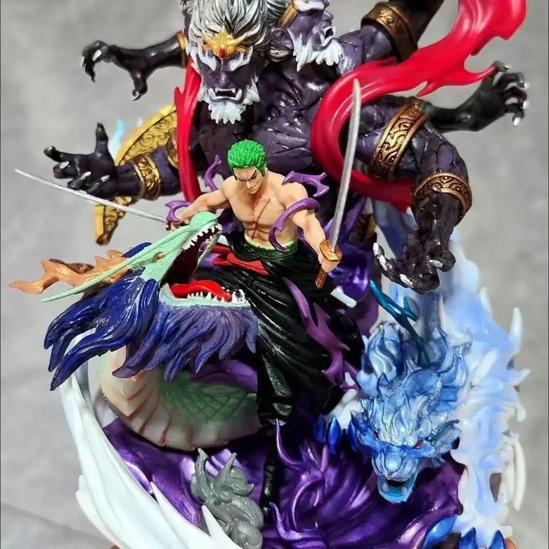 A detailed Roronoa Zoro Hell Form Figure made of PVC, showcasing the King of Hell three-sword style battle pose for anime collection.