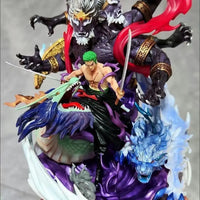 A detailed Roronoa Zoro Hell Form Figure made of PVC, showcasing the King of Hell three-sword style battle pose for anime collection.