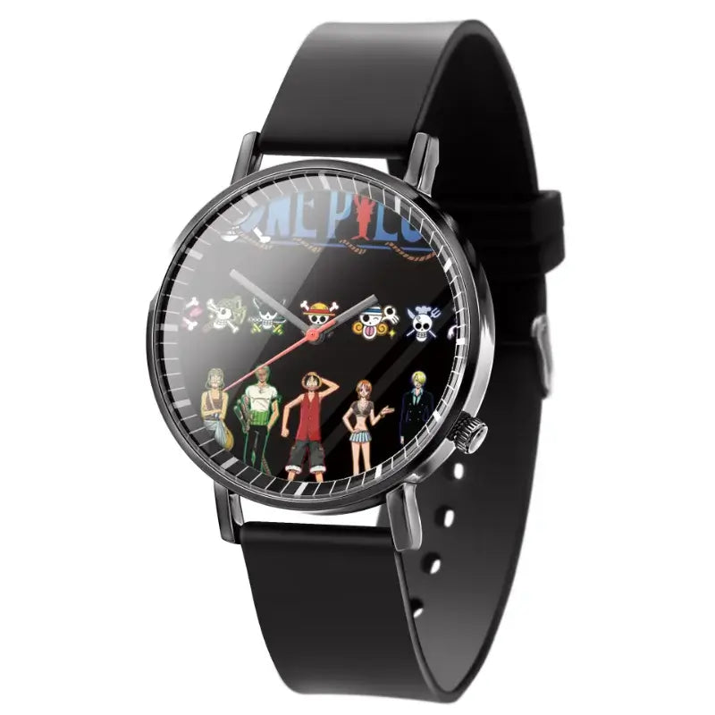 A colorful One Piece Luffy Watch featuring Fire Fist Ace anime action figure art on the dial, analog quartz movement for kids.
