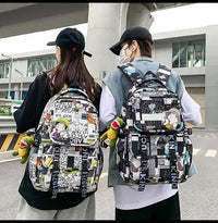 A high-capacity One Piece Luffy Backpack featuring a vibrant graffiti print of Monkey D. Luffy, designed as a durable school bag for middle and high students.