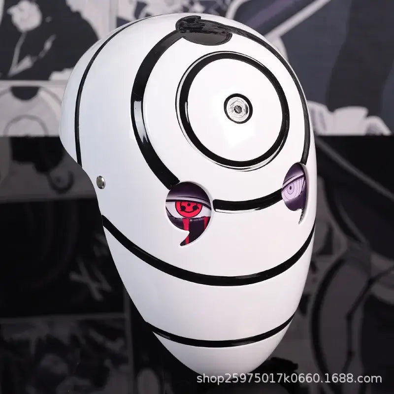 A highly imitative, high-gloss Obito Cosplay Mask featuring the Akatsuki Sharingan design for anime Halloween costumes and conventions.