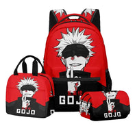 A 3-piece Jujutsu Kaisen Backpack Set featuring a digital print schoolbag, thermal lunch bag, and 2-layer pencil case for boys.