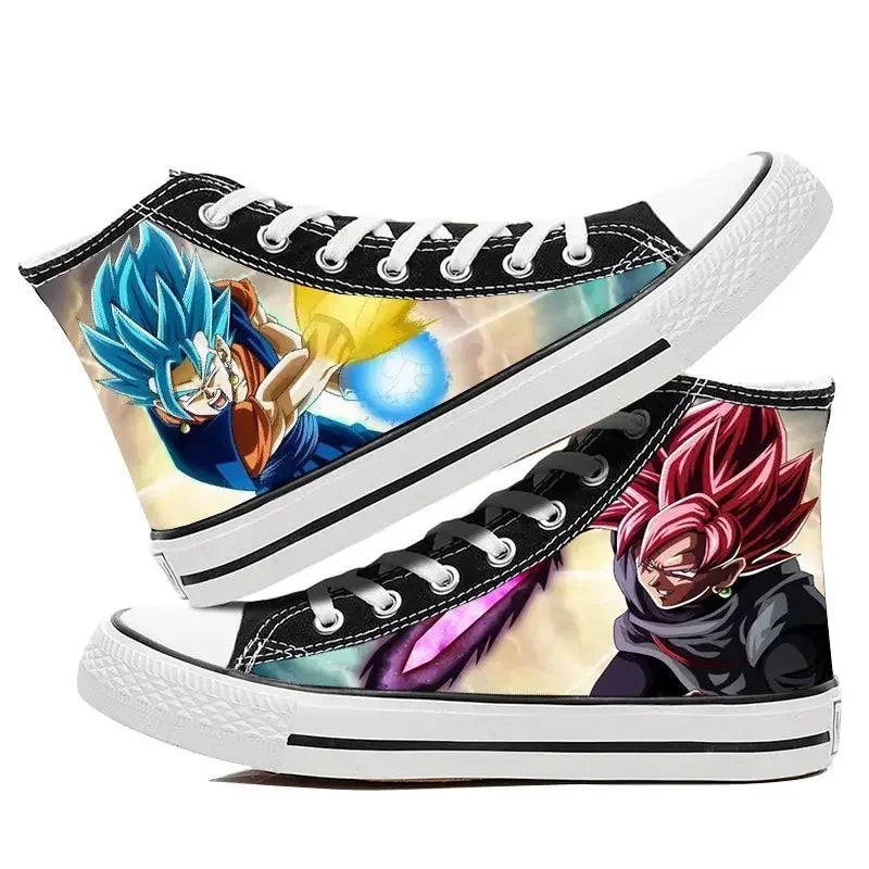 A pair of hot Dragon Ball Goku Canvas Shoes, anime fashion sneakers with a graffiti design for men, women, teenagers, and students.