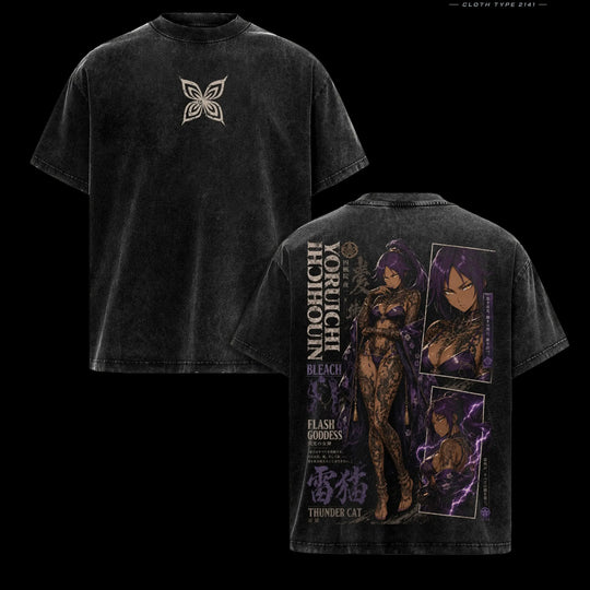 Yoruichi Shihouin Bleach Vintage Washed T-Shirt featuring a graphic design and oversized fit, perfect for anime streetwear enthusiasts.