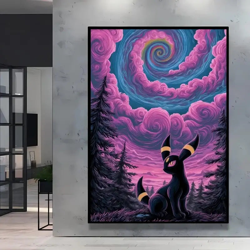 A stunning Van Gogh Pokemon Wall Art piece featuring Pikachu painted in a Starry Night impressionist style for unique home decoration.