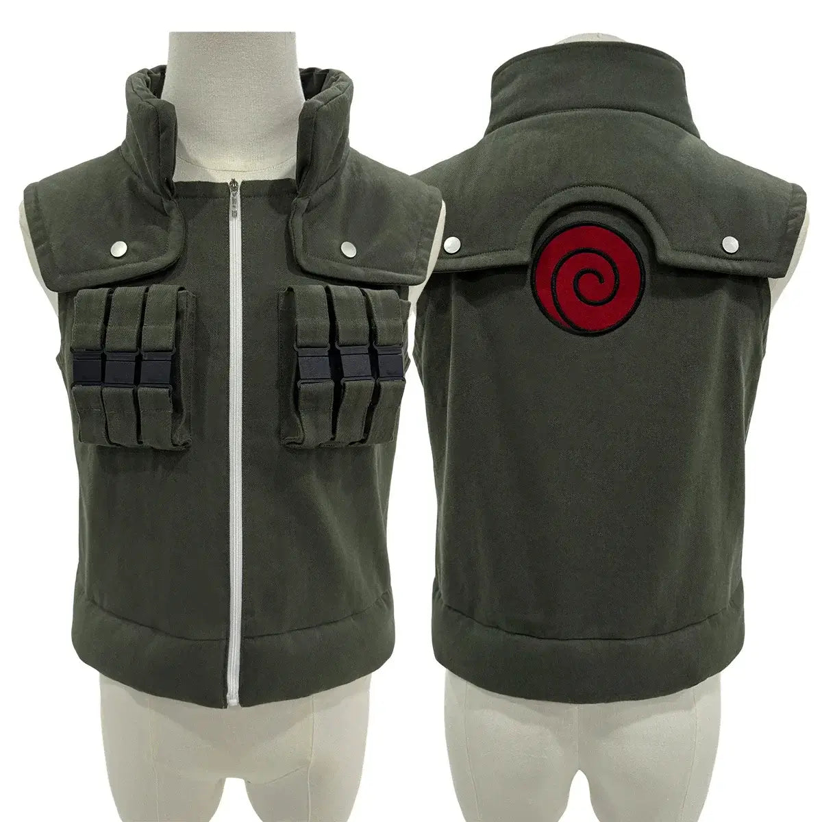 A complete HOLOUN Anime Hatake Kakashi Cosplay Costume set including the Jonin vest, t-shirt, pants, and pouch for a convention or Halloween.