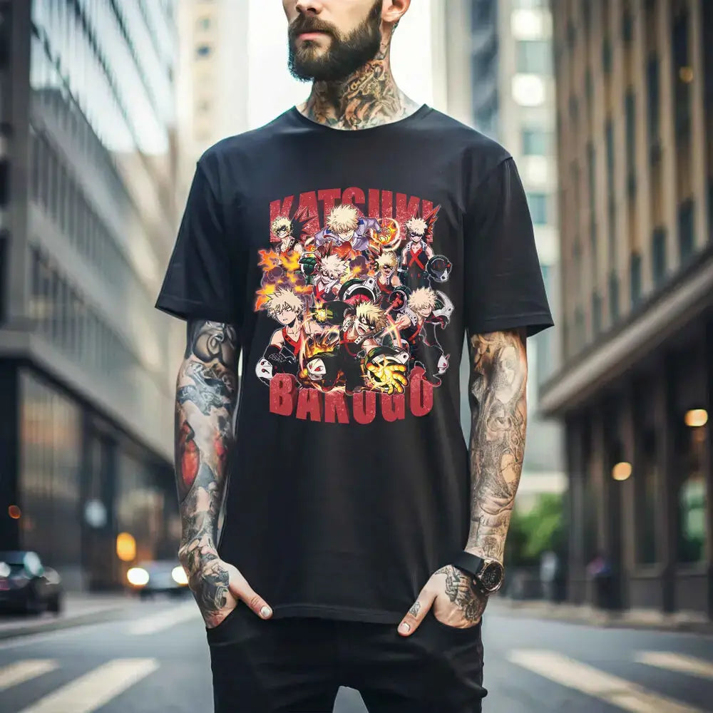 A premium Katsuki Bakugo T-Shirt featuring explosive manga panel art from My Hero Academia, designed as a trendy MHA anime gift.