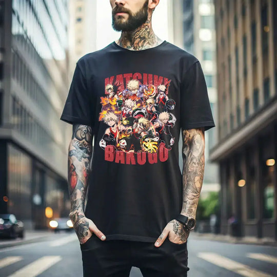 A premium Katsuki Bakugo T-Shirt featuring explosive manga panel art from My Hero Academia, designed as a trendy MHA anime gift.