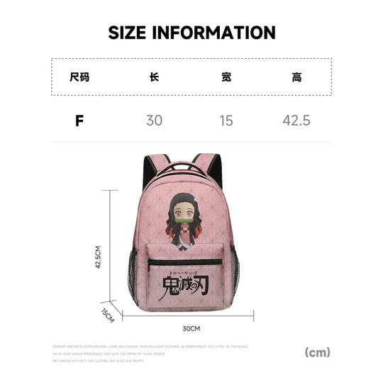 Demon Slayer Backpack Set size information with dimensions in cm, featuring Tanjiro and Nezuko design.
