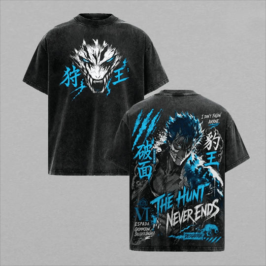 Grimmjow Jaegerjaquez Bleach Vintage Washed T-Shirt showcasing striking graphic design on both sides.