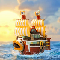 A Pop Mart One Piece Vehicles blind box packaging containing a surprise Grand Line Series ship figure for home decoration.