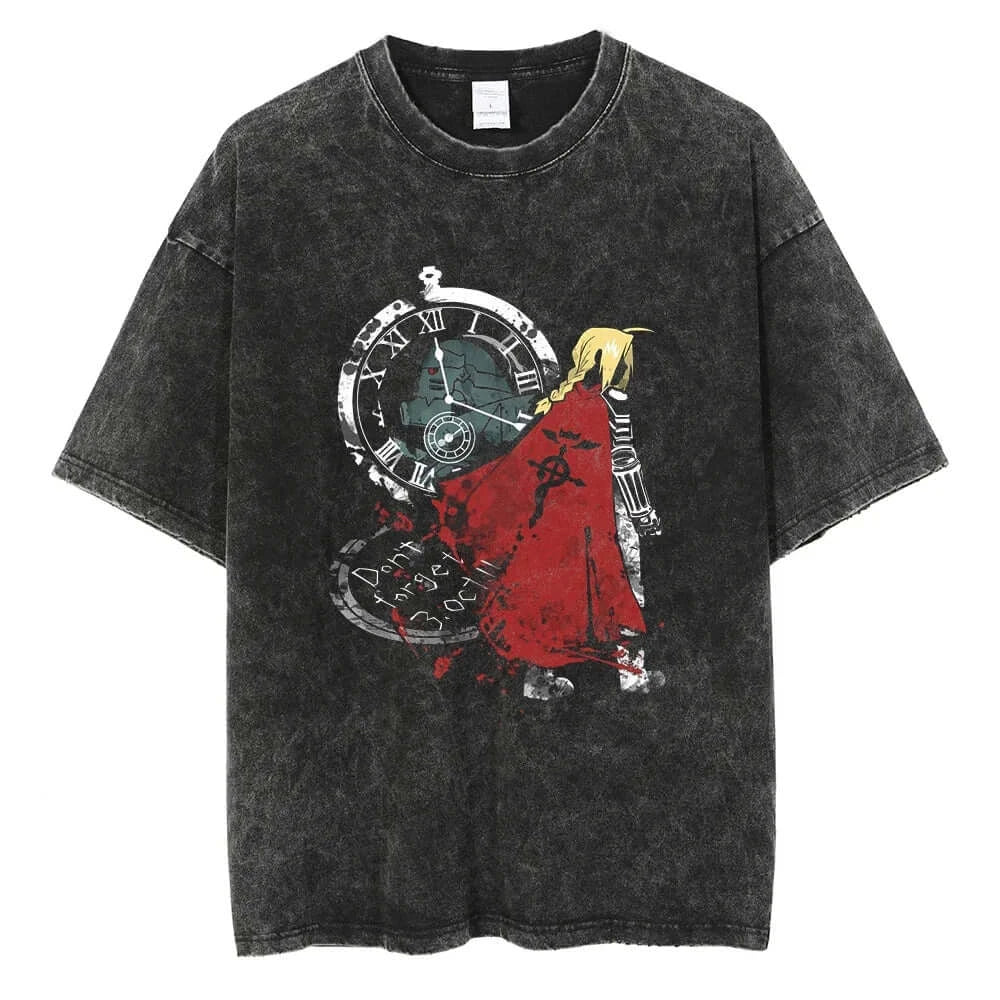 Fullmetal Alchemist Vintage Washed Hip Hop T-Shirt featuring iconic clock design and character in red cape.