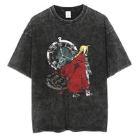 Fullmetal Alchemist Vintage Washed Hip Hop T-Shirt featuring iconic clock design and character in red cape.