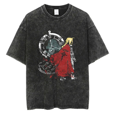 Fullmetal Alchemist Vintage Washed Hip Hop T-Shirt featuring iconic clock design and character in red cape.
