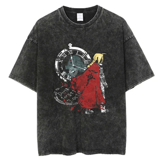 Fullmetal Alchemist Vintage Washed Hip Hop T-Shirt featuring iconic clock design and character in red cape.