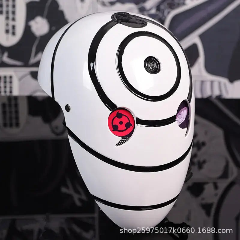 A highly imitative, high-gloss Obito Cosplay Mask featuring the Akatsuki Sharingan design for anime Halloween costumes and conventions.