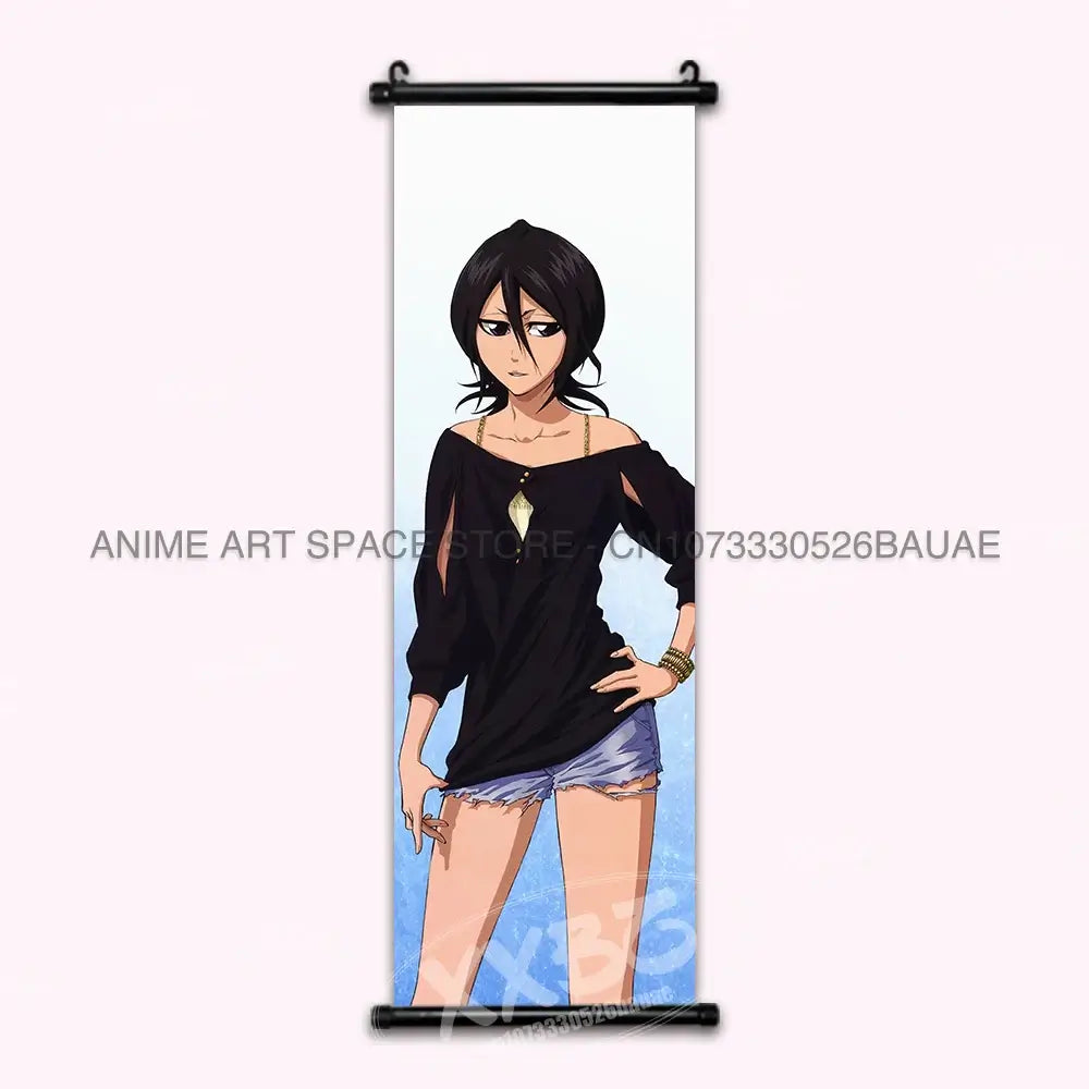 High-quality Bleach Anime Posters Japanese hanging scroll featuring Kurosaki Ichigo and Kuchiki Rukia printed on durable canvas for home decor.