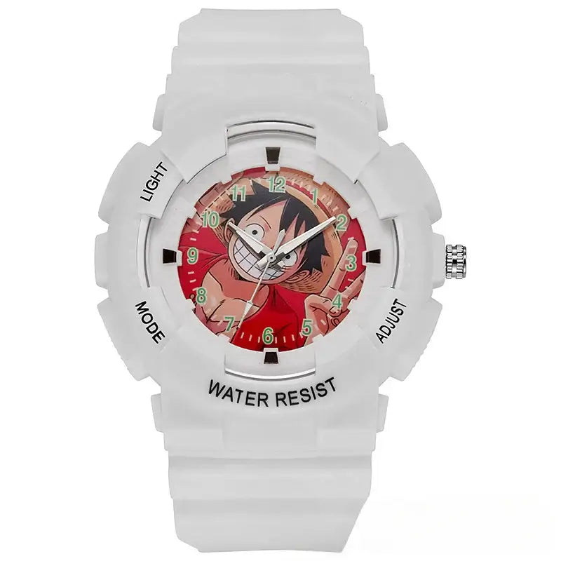 A waterproof One Piece Electronic Watch featuring colorful Monkey D. Luffy anime character art on a durable sports wristband for children.