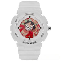A waterproof One Piece Electronic Watch featuring colorful Monkey D. Luffy anime character art on a durable sports wristband for children.