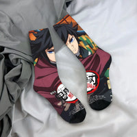 Breathable Demon Slayer Socks featuring Nezuko Kamado and Giyu Tomioka patterns, designed as trendy non-slip skateboard stockings for men and women.