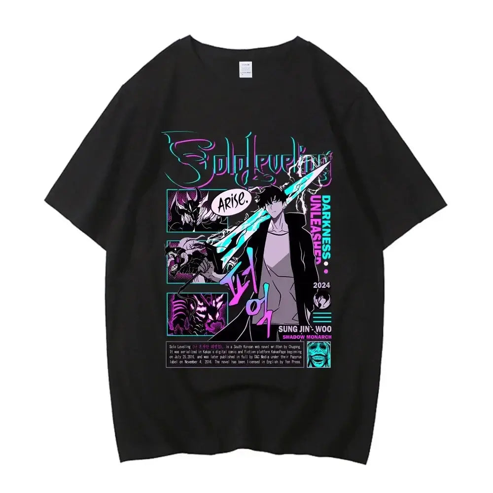 A high-quality Japanese Anime Solo Leveling T Shirt with a Sung Jinwoo cartoon graphic in a Harajuku short sleeve style.