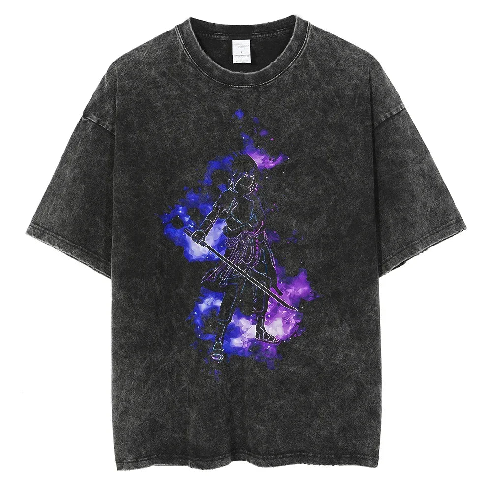Men's vintage Naruto Rock Lee Streetwear T Shirt in a washed black style, featuring an anime graphic of the taijutsu master.