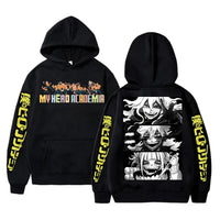 An oversized Midoriya Izuku Hoodie featuring a black and white manga graphic print, styled as unisex Harajuku streetwear for men and women.