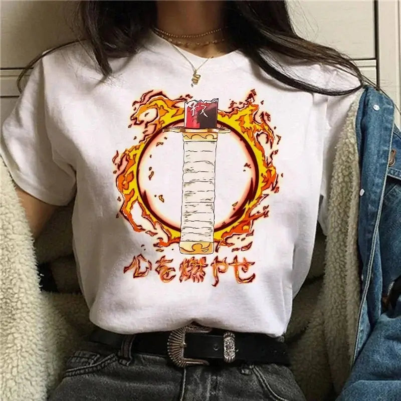 A Demon Slayer T Shirt for Women, a female Kimetsu No Yaiba graphic tee with a Nezuko and Tanjirou Kamado print.
