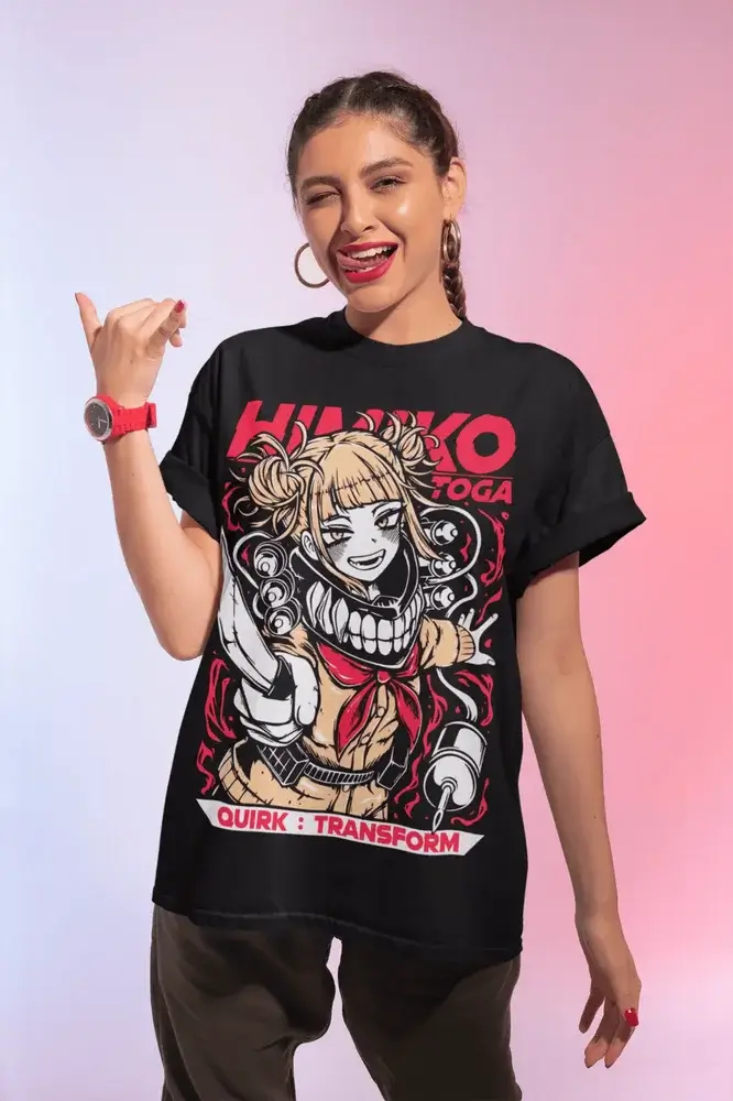 A kawaii Himiko Toga T-Shirt featuring graphic anime art of the My Hero Academia villain, designed as a cute girl shirt for all sizes.