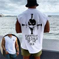 Close-up of One Piece Whitebeard Pirates Anime Tank Top Jolly Roger print detail fabric quality