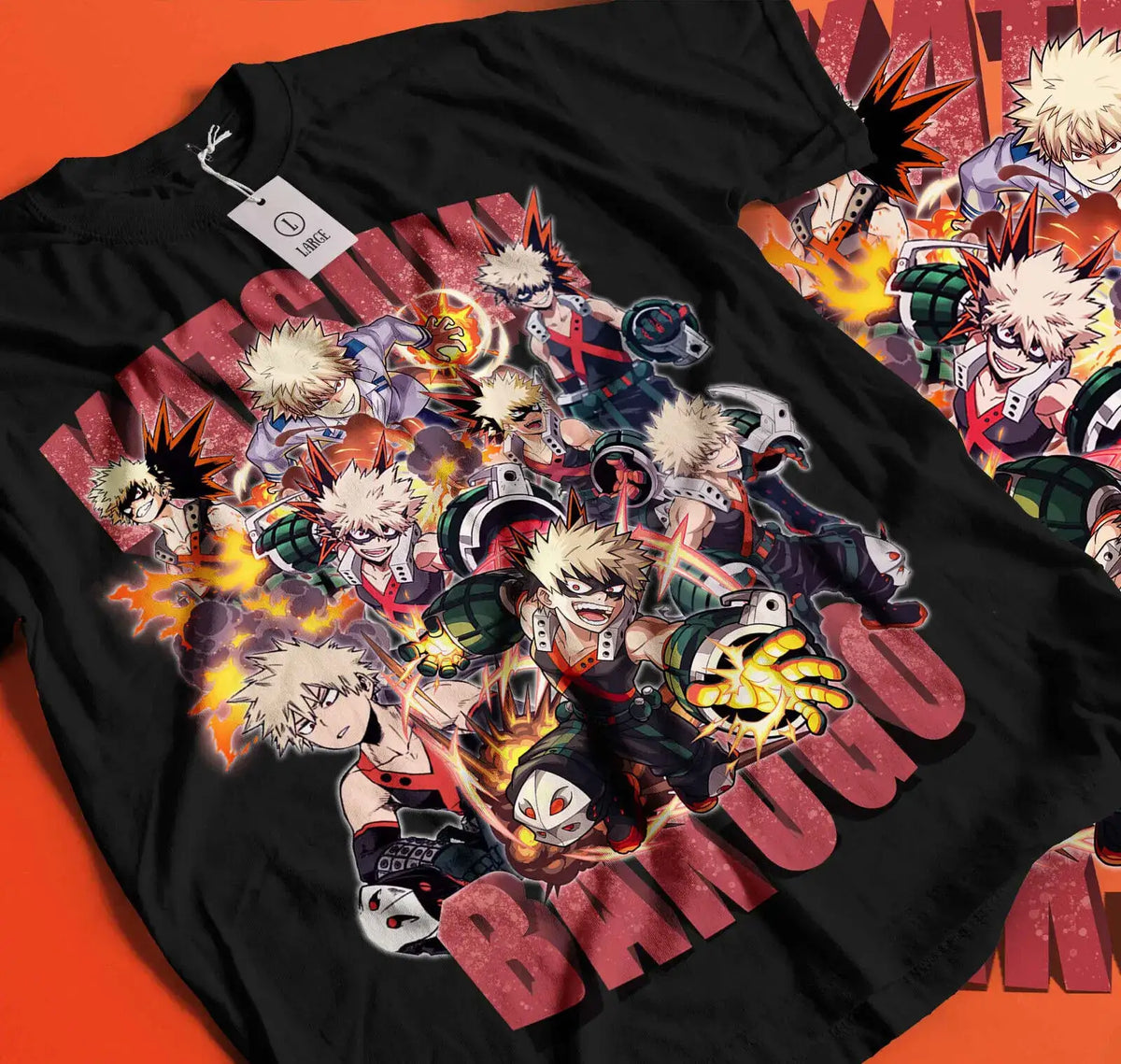 A premium Katsuki Bakugo T-Shirt featuring explosive manga panel art from My Hero Academia, designed as a trendy MHA anime gift.