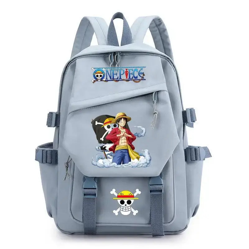 A lightweight canvas One Piece Backpack featuring kawaii anime characters, suitable for school, travel, and carrying a laptop computer.
