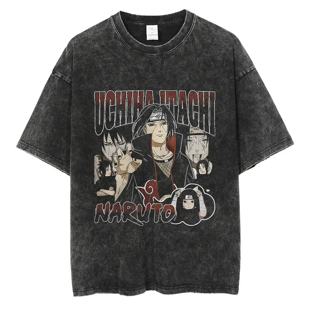 A man wearing the vintage black Japanese Anime Naruto Print T Shirt in a Harajuku hip hop streetwear style.