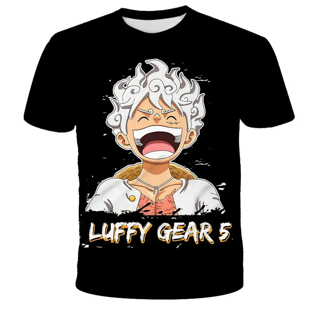 A casual One Piece Luffy T-shirt featuring a cartoon Monkey D. Luffy graphic, designed as a loose, breathable short-sleeve top for men and boys.