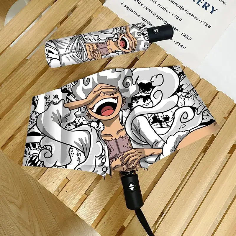 An automatic One Piece Nika Luffy Fold Umbrella with a three-fold design, featuring Gear 5 anime art and black glue sunscreen.