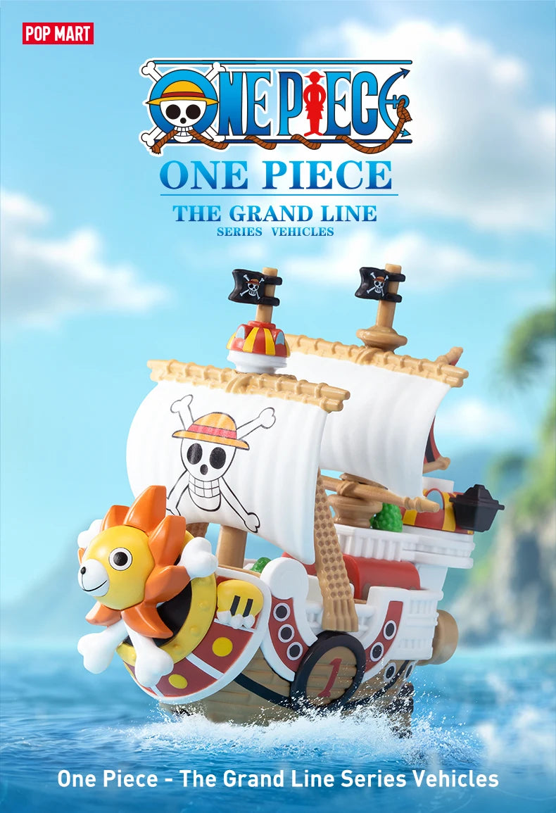A Pop Mart One Piece Vehicles blind box packaging containing a surprise Grand Line Series ship figure for home decoration.