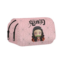 A 3-piece Demon Slayer Backpack Set featuring Tanjiro and Nezuko anime art, including a school bag, lunch box, and pencil case for elementary students.