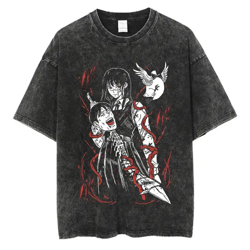 A vintage-washed black Chainsaw Man T-Shirt made of soft cotton, featuring a Denji graphic print, designed as oversized Harajuku streetwear.