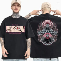 A 2026 loose-fit Ryomen Sukuna T-shirt featuring high-definition Jujutsu Kaisen manga graphic art on soft cotton for men and women.