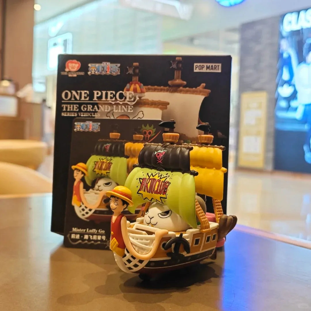 A Pop Mart One Piece Vehicles blind box packaging containing a surprise Grand Line Series ship figure for home decoration.