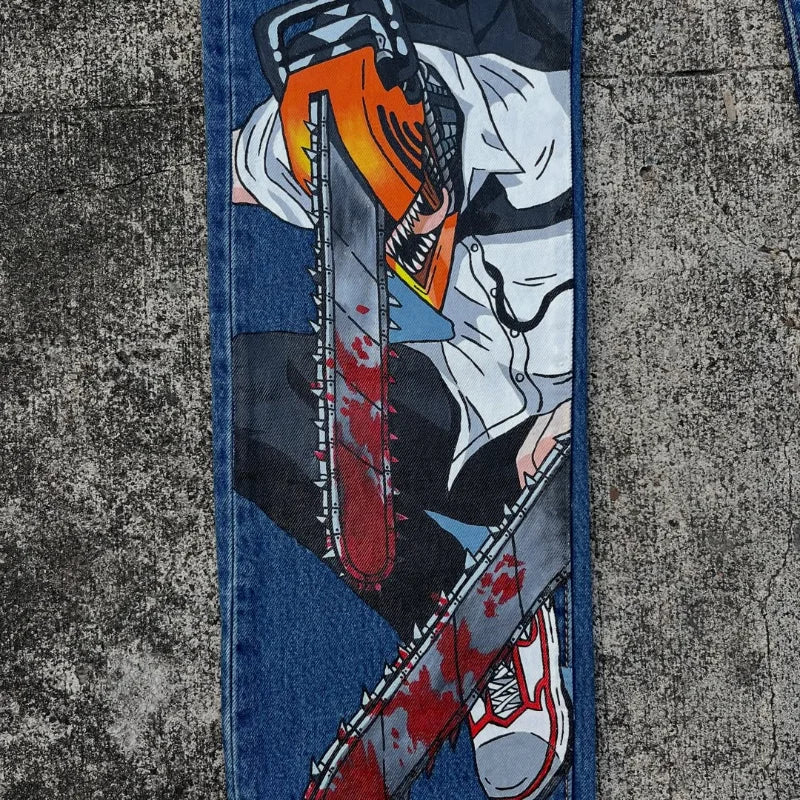Trendy Cartoon Print Jeans featuring a high street graphic design, styled as loose wide-leg Harajuku denim for men and women.