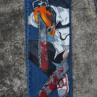 Trendy Cartoon Print Jeans featuring a high street graphic design, styled as loose wide-leg Harajuku denim for men and women.