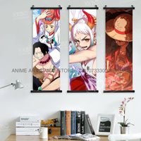 A vibrant One Piece Hanging Painting featuring anime characters Monkey D. Luffy, Portgas D. Ace, Sabo, and Shanks on a canvas scroll for home decor.