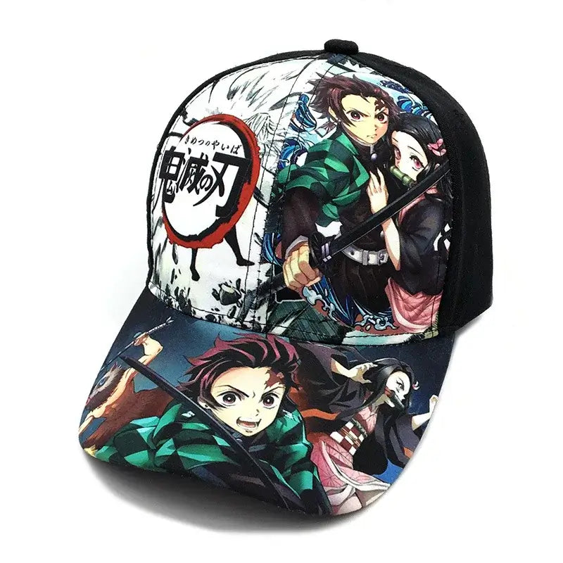 A trendy Demon Slayer Baseball Cap featuring graphic prints of Tanjiro and Nezuko, designed as an adjustable hip hop sun hat for men and women.