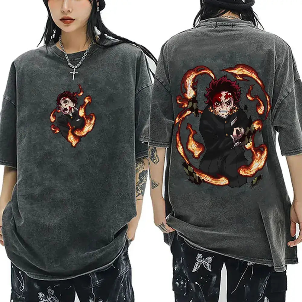 A vintage washed Demon Slayer Serpent Hashira Iguro Obanai T Shirt in a casual, oversized style for men and women.